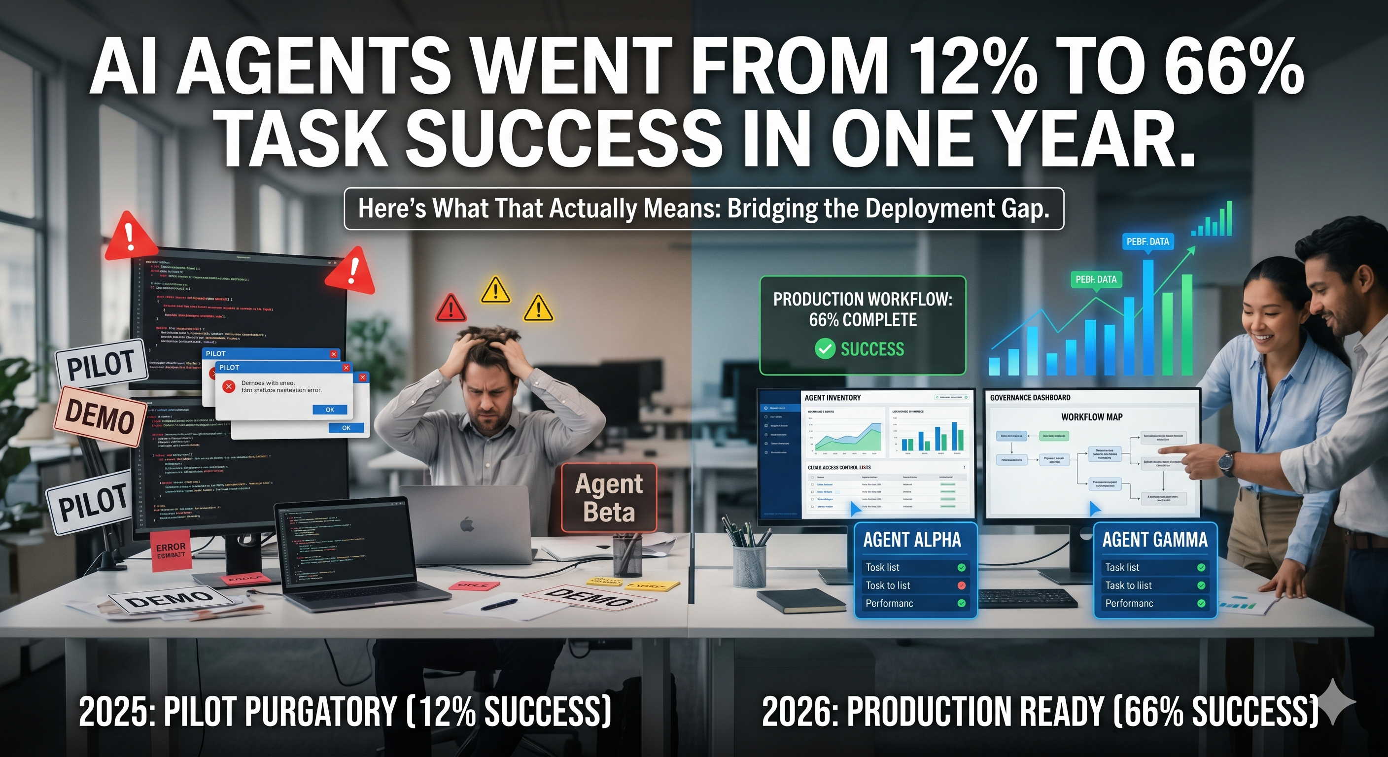 Sam Meske blog post hero: AI Agents Went From 12% to 66% Task Success in One Year. Here's What That Actually Means.